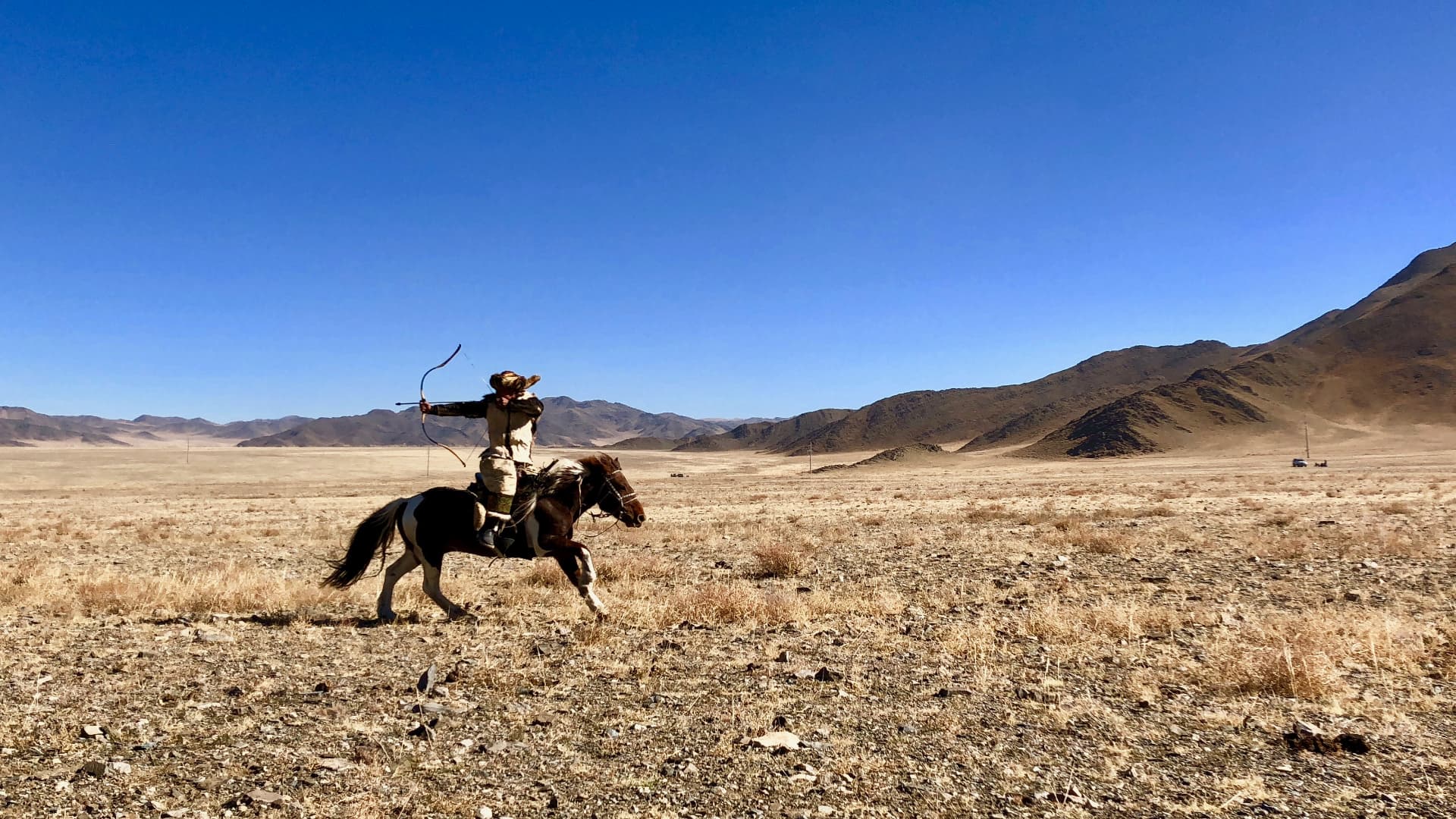 Mongolian horseback archer drawing his bow at full gallop