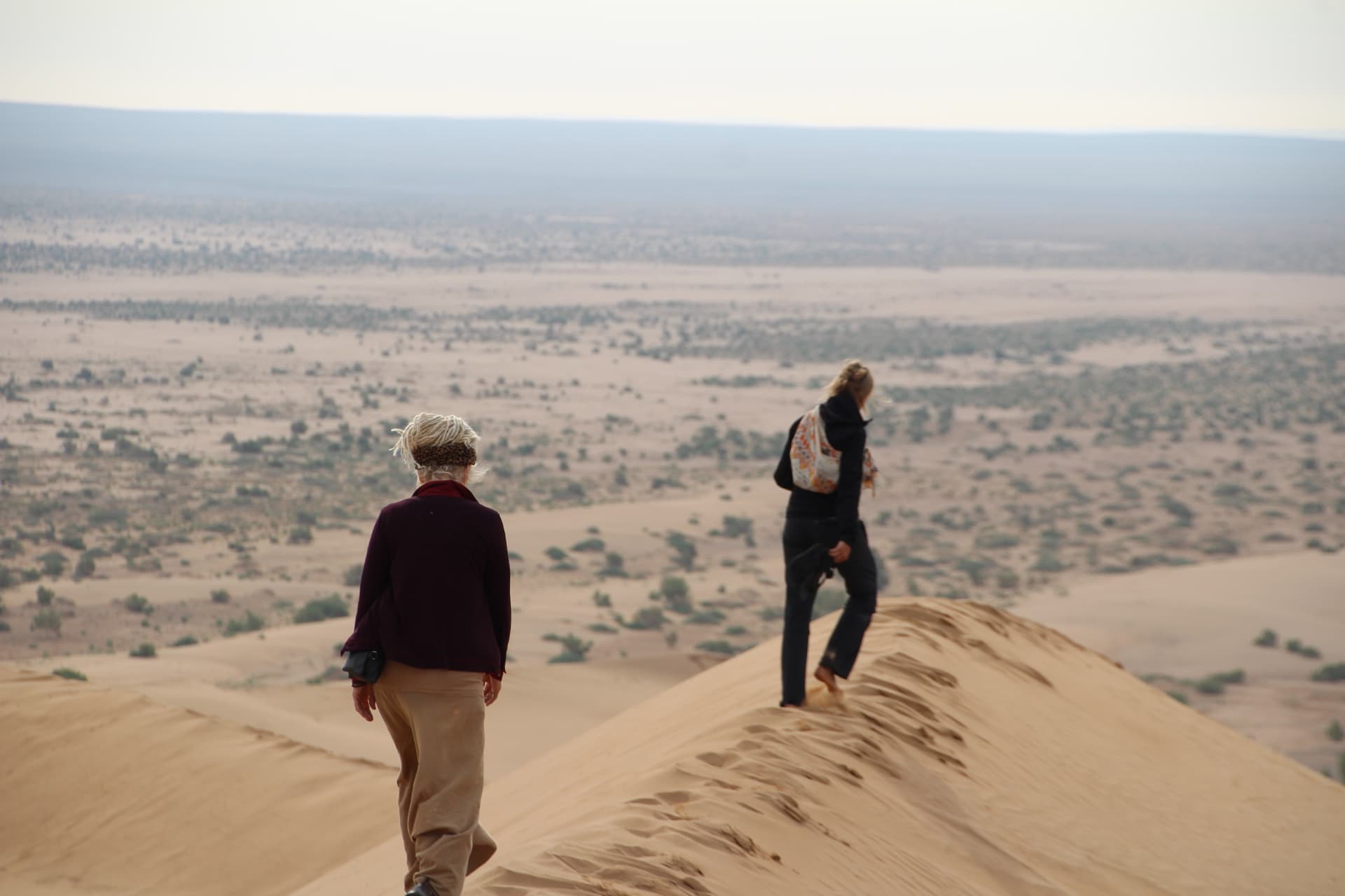 Two travellers walking along a sand dune ridge above the desert plain