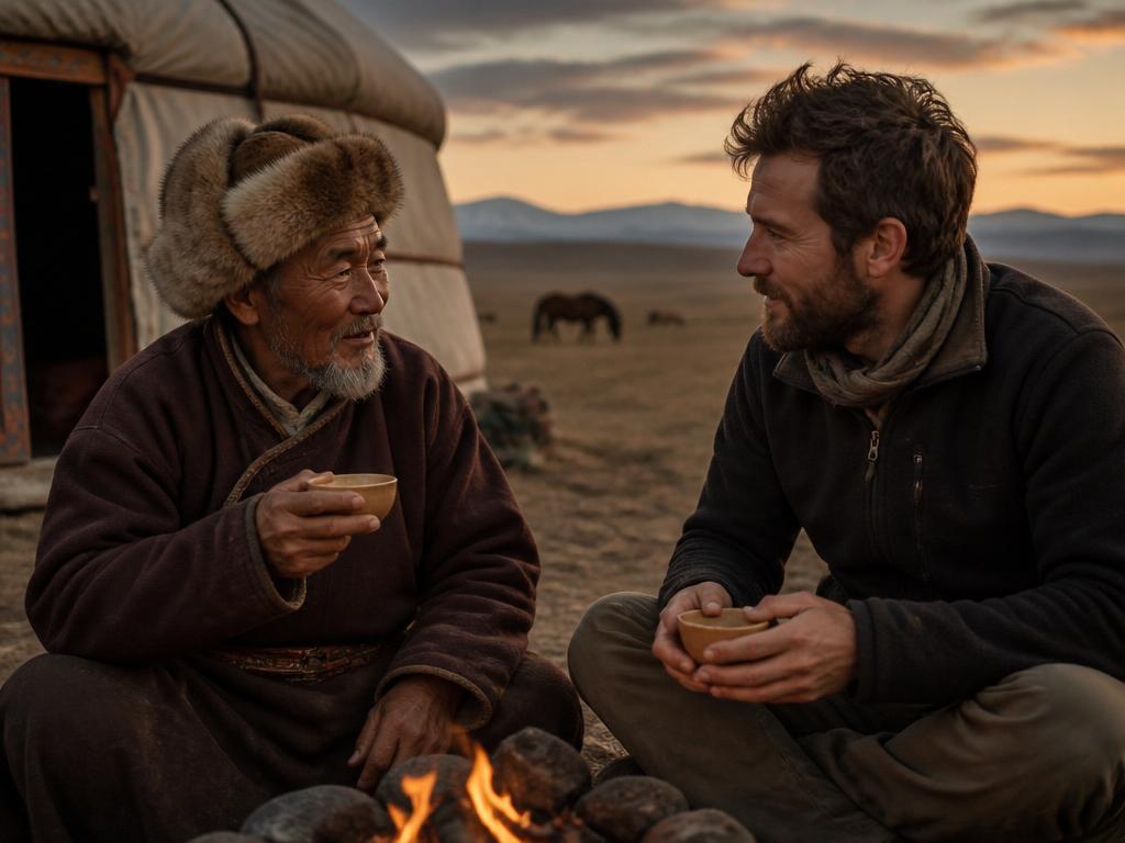 Cultural exchange over tea near a Mongolian ger