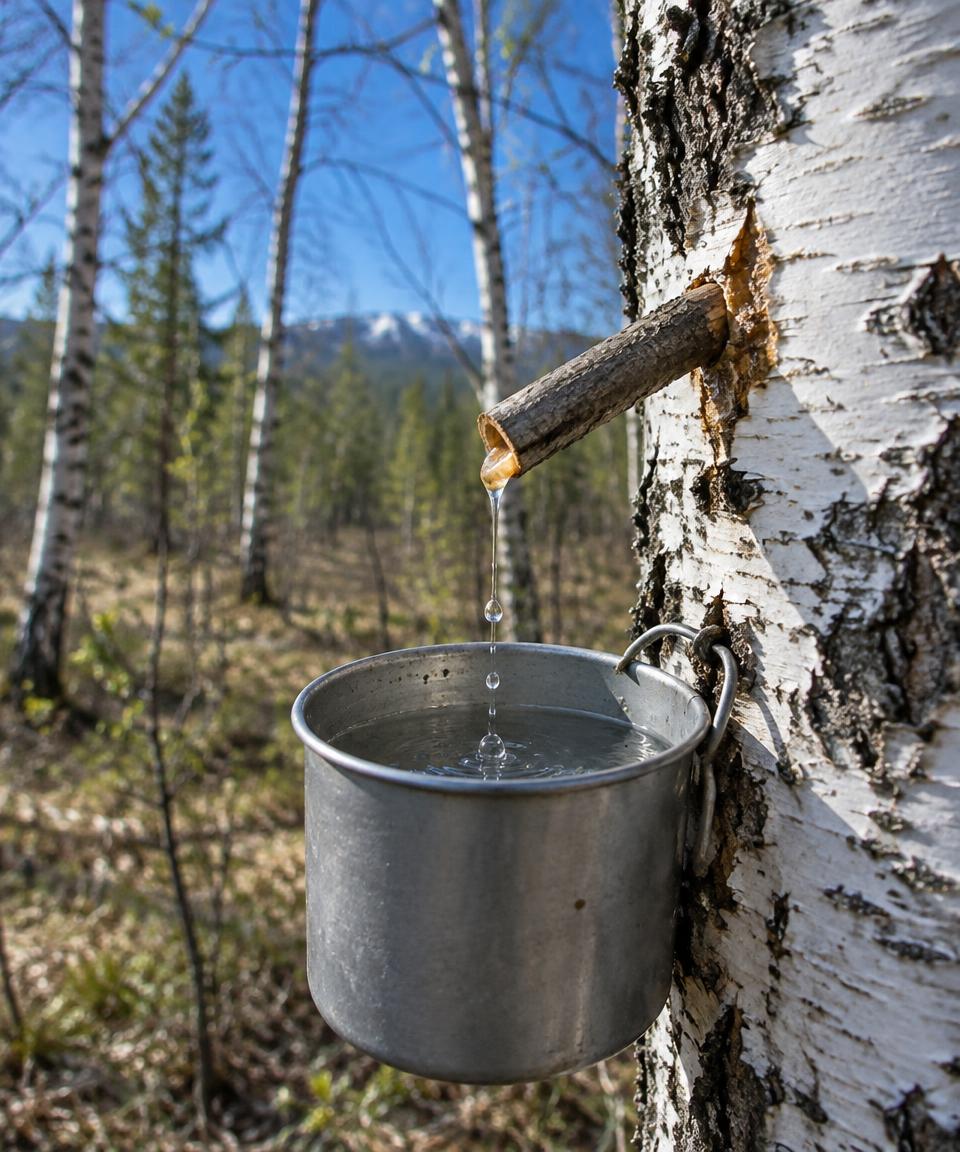 Fresh birch sap dripping into a metal cup fixed to a birch tree in spring