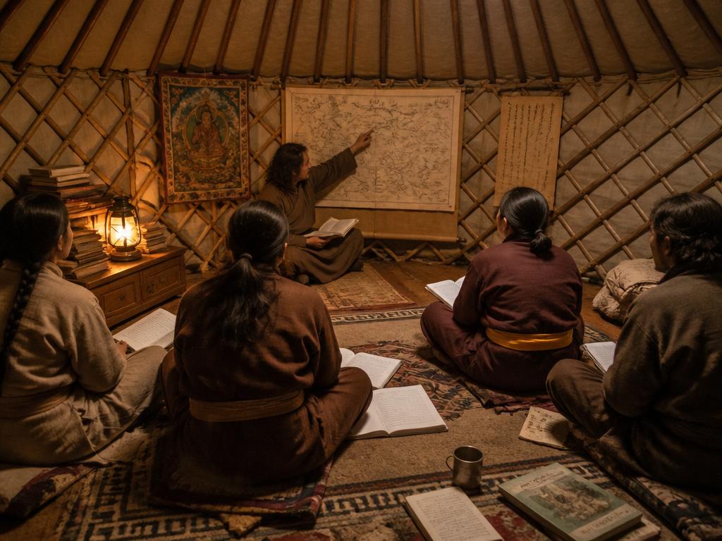 Teacher with students in a Mongolian ger